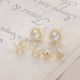 3 pares de pendientes de perlas artificiales de circonita con incrustaciones de cobre en forma de corazón y estrella redonda a la moda