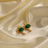 Pendientes colgantes chapados en oro de 18K, perlas artificiales de cobre con incrustaciones ovaladas de lujo Retro, piedra Natural, 1 par