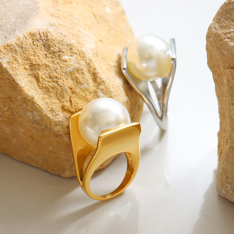 Anillos de perlas artificiales con incrustaciones de acero de titanio geométrico retro 1 pieza