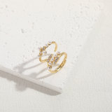 Anillo abierto chapado en oro de 14K con incrustaciones de perlas artificiales y circonita, bola elegante y lujosa de estilo clásico