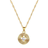 Elegante collar geométrico de pendientes de circonita con incrustaciones de cobre y acero de titanio y perlas artificiales