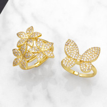 Anillos abiertos chapados en oro de 18K con incrustaciones de cobre y mariposa de flor brillante de estilo francés