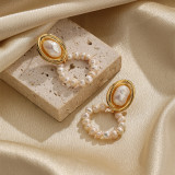 1 par de pendientes colgantes chapados en oro de 18K con perlas de agua dulce de cobre con incrustaciones ovaladas de estilo Simple Retro