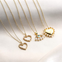 Collar con colgante de circonita y perlas artificiales con incrustaciones de esmalte de cobre en forma de corazón a la moda, 1 pieza