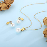 Collar de pendientes de mujer con incrustaciones de acero de titanio geométrico de perlas artificiales y diamantes de imitación