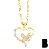 Collar con colgante chapado en oro de 18 quilates con incrustaciones de cobre y mariposa en forma de corazón de pentagrama de estilo simple