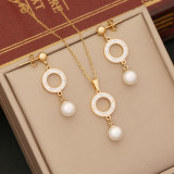Conjunto de joyería de circón de perlas con incrustaciones huecas, chapado en acero inoxidable, rectángulo, forma de corazón redondo, estilo Simple
