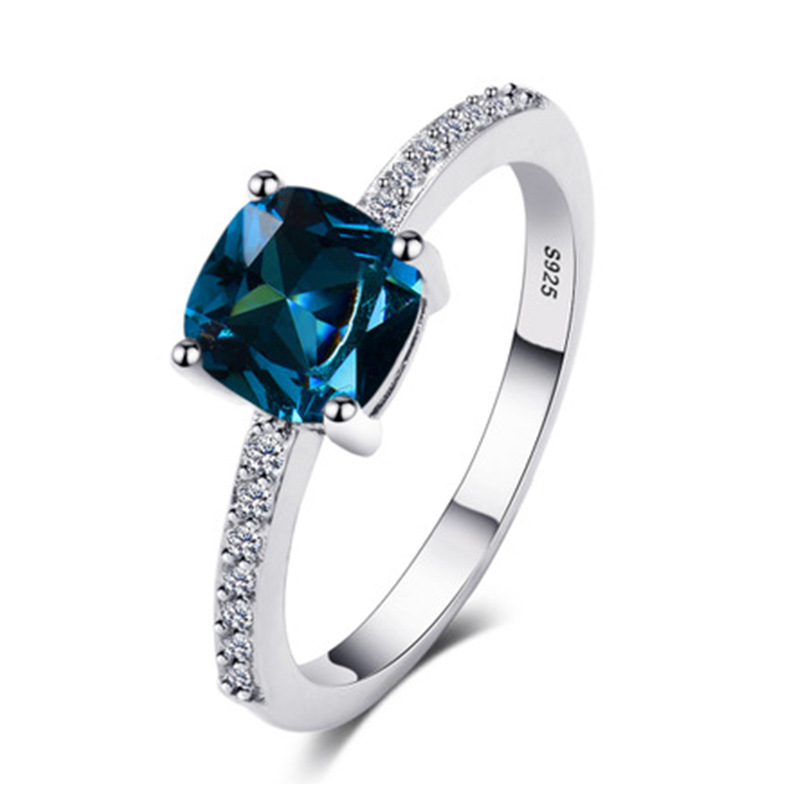 Anillo de cobre con diamante cuadrado azul zafiro con microincrustaciones de moda para mujer
