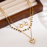 Venta al por mayor elegante collar redondo de pendientes de circonio chapado en oro de acero inoxidable con forma de corazón