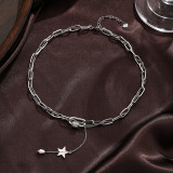 Collar chapado en plata con incrustaciones de cobre y pentagrama retro, perla de agua dulce, circonita, chapado en oro de 18 quilates