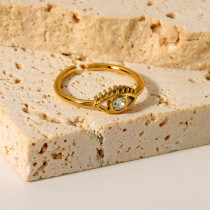 Venta al por mayor de anillos abiertos de diamantes de imitación chapados en oro de 18 quilates con incrustaciones de acero inoxidable de Color sólido con ojo de diablo de estilo Vintage