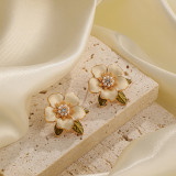 1 par de pendientes de circonita con perlas artificiales de cobre con incrustaciones de esmalte pintado con flores dulces