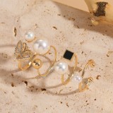 Anillos abiertos chapados en oro de 14K con incrustaciones de esmalte de cobre y perlas de imitación de mariposa cuadrada Retro elegante