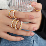 Elegante dama estilo barroco geométrico titanio acero chapado incrustaciones perlas artificiales anillos chapados en oro de 18 quilates