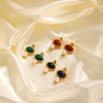 Pendientes colgantes chapados en oro de 18K, perlas artificiales de cobre con incrustaciones ovaladas de lujo Retro, piedra Natural, 1 par