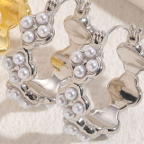 Pendientes chapados en oro de 14K con perlas artificiales de cobre con incrustaciones geométricas de estilo clásico elegante de 1 pieza