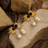 Pendientes colgantes chapados en oro de 18K con incrustaciones de cobre, piedra Natural, perlas de agua dulce, fuegos artificiales, 1 par