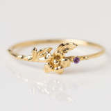 Anillo abierto con piedra natal con incrustaciones de cobre y flor retro