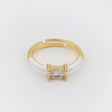 Anillo abierto de circonita con incrustaciones de esmalte de cobre rectangular para mujer