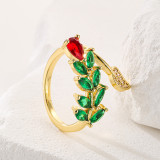 Anillo abierto de cobre con flor de hoja de moda, anillos de cobre con circonita chapada en oro