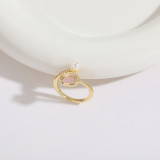 Anillo abierto de circonita con perlas artificiales con incrustaciones de cobre en forma de corazón y estrella a la moda 1 pieza