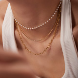 Collar de tres capas con cadena de perlas pequeñas de acero inoxidable y oro de 18 quilates a la moda para mujer