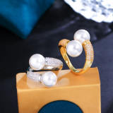 Dulce geométrico chapado en cobre con incrustaciones de perlas artificiales chapado en oro de 14 quilates chapado en oro blanco chapado en rodio anillos abiertos