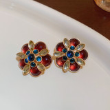 1 par de pendientes de circón con perlas de resina de cobre con incrustaciones de flores en forma de corazón ovaladas Retro Glam