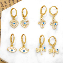 Pendientes colgantes chapados en oro de 18K con incrustaciones de esmalte en forma de corazón, ojo del diablo, cruzado, diseño Original, 1 par