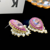 1 par de pendientes de diamantes de imitación de perlas artificiales de cobre con incrustaciones ovaladas de bloque de Color Retro
