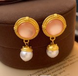 1 par de pendientes colgantes de perlas acrílicas de cobre con incrustaciones de esmalte cuadrado redondo ropa de calle Retro