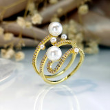Anillos abiertos chapados en oro con diamantes de imitación y perlas artificiales con incrustaciones de cobre geométrico de viaje lujoso estilo IG