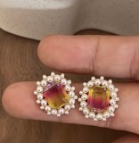 1 par de pendientes elegantes Retro geométricos con incrustaciones de cobre y perlas artificiales de circonio
