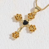Elegante collar con colgante chapado en oro de 14 quilates con incrustaciones de cobre y flor en forma de corazón cruzado