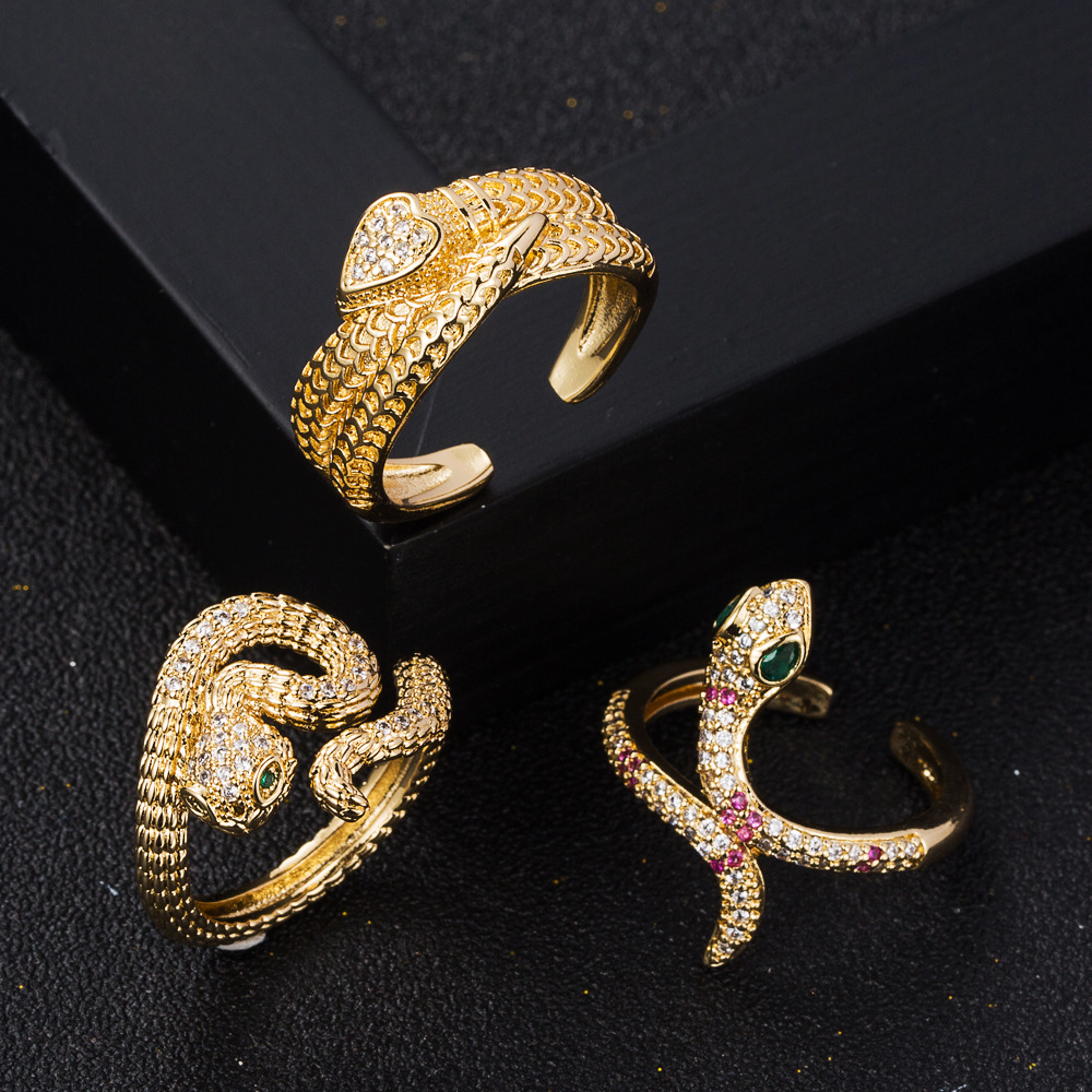 Anillo abierto de serpiente Hip-hop con circonita chapada en oro y cobre a la moda para mujer