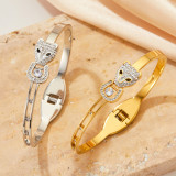 Brazalete retro de diamantes de imitación con incrustaciones de acero inoxidable de leopardo