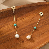 1 par de pendientes colgantes de perlas de agua dulce turquesa y cobre con incrustaciones de retales de flores estilo romano estilo Simple Vintage