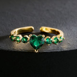 Anillo abierto geométrico de esmeralda y corazón con corona de circonio y microconjunto de oro de 18 quilates de cobre a la moda