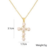 Collar con colgante de cruz de perlas de circonio de oro de 18 quilates de cobre con cadena de clavícula de moda