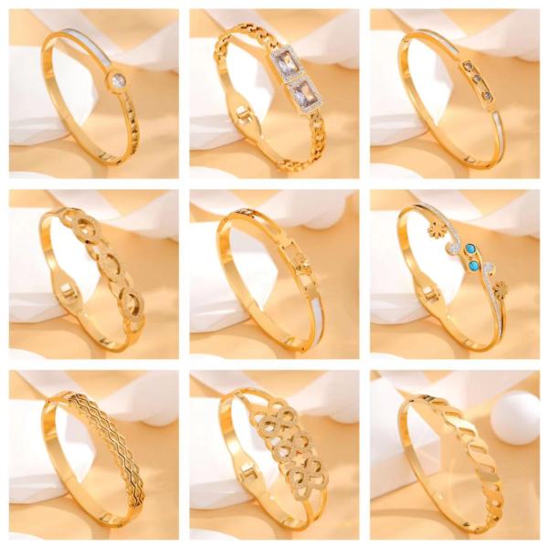 Brazalete de circón con incrustaciones ahuecadas con revestimiento de acero de titanio cuadrado redondo brillante de estilo simple