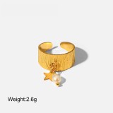 Anillo geométrico mismo, anillo abierto con colgante de perla de estrella de acero inoxidable de oro de 18 quilates