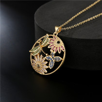 Collar retro de lujo con microincrustaciones de cobre y circonita, joyería de libélula, mariposa y flor
