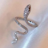 Anillos abiertos chapados en plata con diamantes de imitación con incrustaciones de cobre y serpiente brillante de estilo fresco