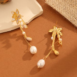 1 par de pendientes colgantes de perlas de agua dulce de cristal de cobre con incrustaciones de flores de pentagrama de estilo británico Simple