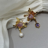 1 pieza, 1 par, elegante collar de pendientes con incrustaciones de cobre y flores para mujer