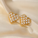 1 par de pendientes informales chapados en forma de corazón para mujer con incrustaciones de perlas de imitación de cobre y circonita chapados en oro de 18 quilates