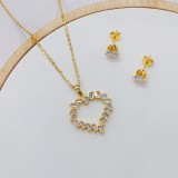 Conjunto de 2 piezas con forma de corazón dulce, chapado en cobre, pendientes y collar para mujer chapados en oro con circonita