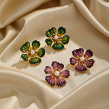 1 par de pendientes elegantes chapados en flores con incrustaciones de cobre y perlas de agua dulce chapados en oro de 18 quilates