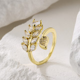 Anillo abierto de cobre con forma de hoja, anillos de cobre con circonita chapada en oro