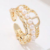 Anillos abiertos de perlas artificiales con incrustaciones de cobre geométrico elegante